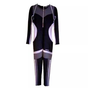 Maniere De Voir Jumpsuit Women's Sz 10 Black Gray Colorblock Body Contouring EUC